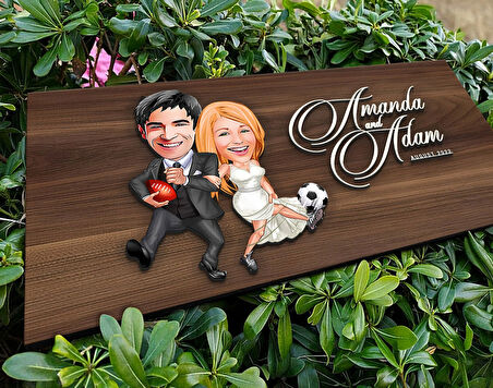 BK Gift Kişiye Özel Sevgililer Karikatürlü Kabartma Tasarım Antik Ceviz Ahşap Tabela-15, Dekoratif Tabela, Rustik Ev Dekorasyonu