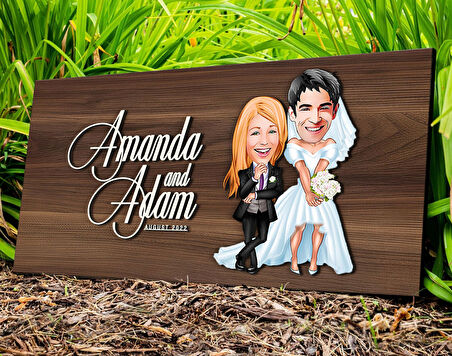 BK Gift Kişiye Özel Sevgililer Karikatürlü Kabartma Tasarım Antik Ceviz Ahşap Tabela-16, Dekoratif Tabela, Rustik Ev Dekorasyonu