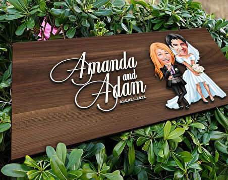 BK Gift Kişiye Özel Sevgililer Karikatürlü Kabartma Tasarım Antik Ceviz Ahşap Tabela-16, Dekoratif Tabela, Rustik Ev Dekorasyonu