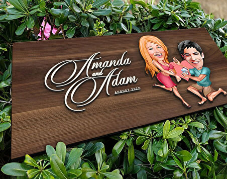 BK Gift Kişiye Özel Sevgililer Karikatürlü Kabartma Tasarım Antik Ceviz Ahşap Tabela-19, Dekoratif Tabela, Rustik Ev Dekorasyonu