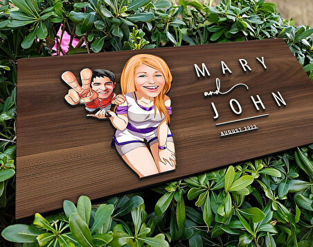 BK Gift Kişiye Özel Sevgililer Karikatürlü Kabartma Tasarım Antik Ceviz Ahşap Tabela-30, Dekoratif Tabela, Rustik Ev Dekorasyonu