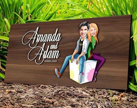 BK Gift Kişiye Özel Sevgililer Karikatürlü Kabartma Tasarım Antik Ceviz Ahşap Tabela-35, Dekoratif Tabela, Rustik Ev Dekorasyonu