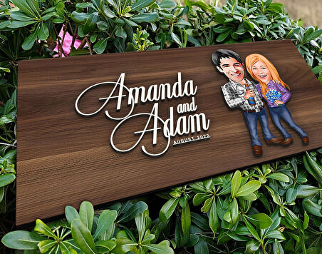 BK Gift Kişiye Özel Sevgililer Karikatürlü Kabartma Tasarım Antik Ceviz Ahşap Tabela-50, Dekoratif Tabela, Rustik Ev Dekorasyonu