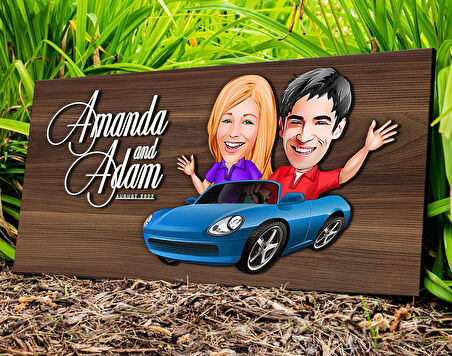 BK Gift Kişiye Özel Sevgililer Karikatürlü Kabartma Tasarım Antik Ceviz Ahşap Tabela-52, Dekoratif Tabela, Rustik Ev Dekorasyonu