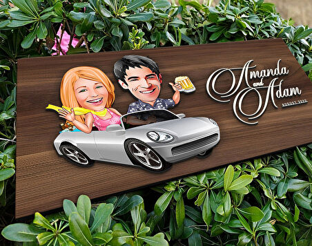 BK Gift Kişiye Özel Sevgililer Karikatürlü Kabartma Tasarım Antik Ceviz Ahşap Tabela-53, Dekoratif Tabela, Rustik Ev Dekorasyonu