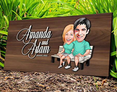 BK Gift Kişiye Özel Sevgililer Karikatürlü Kabartma Tasarım Antik Ceviz Ahşap Tabela-55, Dekoratif Tabela, Rustik Ev Dekorasyonu