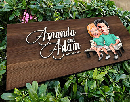 BK Gift Kişiye Özel Sevgililer Karikatürlü Kabartma Tasarım Antik Ceviz Ahşap Tabela-55, Dekoratif Tabela, Rustik Ev Dekorasyonu