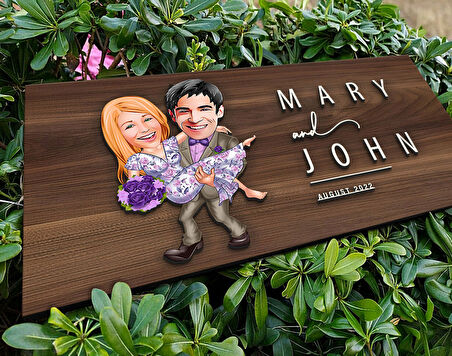 BK Gift Kişiye Özel Sevgililer Karikatürlü Kabartma Tasarım Antik Ceviz Ahşap Tabela-56, Dekoratif Tabela, Rustik Ev Dekorasyonu