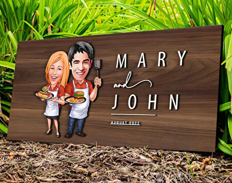 BK Gift Kişiye Özel Sevgililer Karikatürlü Kabartma Tasarım Antik Ceviz Ahşap Tabela-57, Dekoratif Tabela, Rustik Ev Dekorasyonu