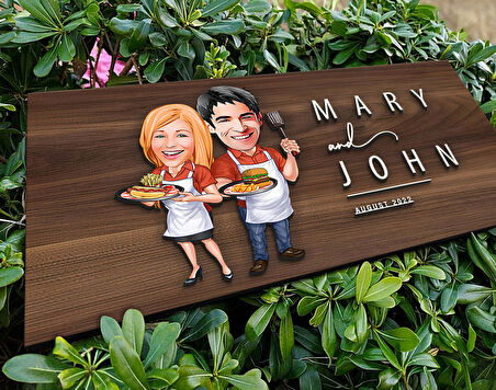BK Gift Kişiye Özel Sevgililer Karikatürlü Kabartma Tasarım Antik Ceviz Ahşap Tabela-57, Dekoratif Tabela, Rustik Ev Dekorasyonu