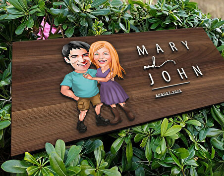BK Gift Kişiye Özel Sevgililer Karikatürlü Kabartma Tasarım Antik Ceviz Ahşap Tabela-80, Dekoratif Tabela, Rustik Ev Dekorasyonu