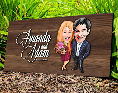 BK Gift Kişiye Özel Sevgililer Karikatürlü Kabartma Tasarım Antik Ceviz Ahşap Tabela-94, Dekoratif Tabela, Rustik Ev Dekorasyonu