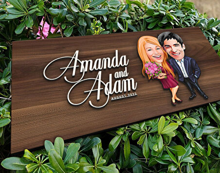 BK Gift Kişiye Özel Sevgililer Karikatürlü Kabartma Tasarım Antik Ceviz Ahşap Tabela-94, Dekoratif Tabela, Rustik Ev Dekorasyonu