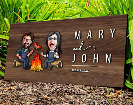 BK Gift Kişiye Özel Sevgililer Karikatürlü Kabartma Tasarım Antik Ceviz Ahşap Tabela-95, Dekoratif Tabela, Rustik Ev Dekorasyonu