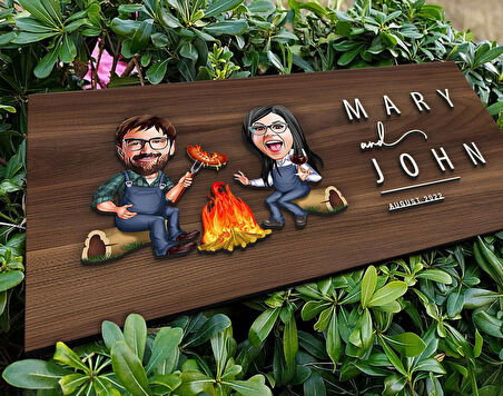 BK Gift Kişiye Özel Sevgililer Karikatürlü Kabartma Tasarım Antik Ceviz Ahşap Tabela-95, Dekoratif Tabela, Rustik Ev Dekorasyonu