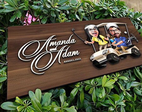BK Gift Kişiye Özel Sevgililer Karikatürlü Kabartma Tasarım Antik Ceviz Ahşap Tabela-96, Dekoratif Tabela, Rustik Ev Dekorasyonu