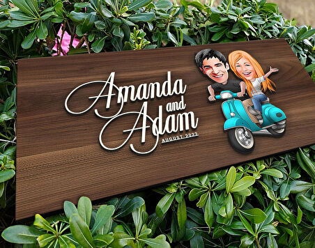 BK Gift Kişiye Özel Sevgililer Karikatürlü Kabartma Tasarım Antik Ceviz Ahşap Tabela-99, Dekoratif Tabela, Rustik Ev Dekorasyonu