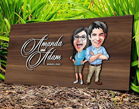 BK Gift Kişiye Özel Sevgililer Karikatürlü Kabartma Tasarım Antik Ceviz Ahşap Tabela-101, Dekoratif Tabela, Rustik Ev Dekorasyonu