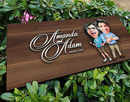 BK Gift Kişiye Özel Sevgililer Karikatürlü Kabartma Tasarım Antik Ceviz Ahşap Tabela-101, Dekoratif Tabela, Rustik Ev Dekorasyonu