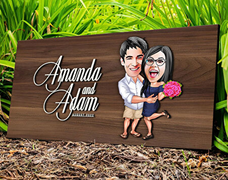 BK Gift Kişiye Özel Sevgililer Karikatürlü Kabartma Tasarım Antik Ceviz Ahşap Tabela-108, Dekoratif Tabela, Rustik Ev Dekorasyonu