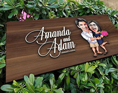 BK Gift Kişiye Özel Sevgililer Karikatürlü Kabartma Tasarım Antik Ceviz Ahşap Tabela-108, Dekoratif Tabela, Rustik Ev Dekorasyonu