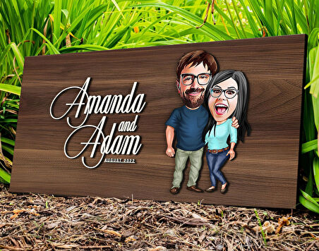 BK Gift Kişiye Özel Sevgililer Karikatürlü Kabartma Tasarım Antik Ceviz Ahşap Tabela-109, Dekoratif Tabela, Rustik Ev Dekorasyonu