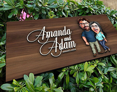 BK Gift Kişiye Özel Sevgililer Karikatürlü Kabartma Tasarım Antik Ceviz Ahşap Tabela-109, Dekoratif Tabela, Rustik Ev Dekorasyonu