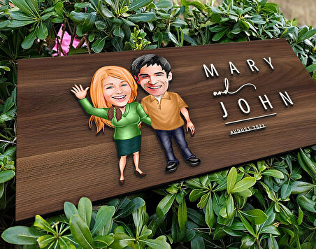 BK Gift Kişiye Özel Sevgililer Karikatürlü Kabartma Tasarım Antik Ceviz Ahşap Tabela-110, Dekoratif Tabela, Rustik Ev Dekorasyonu