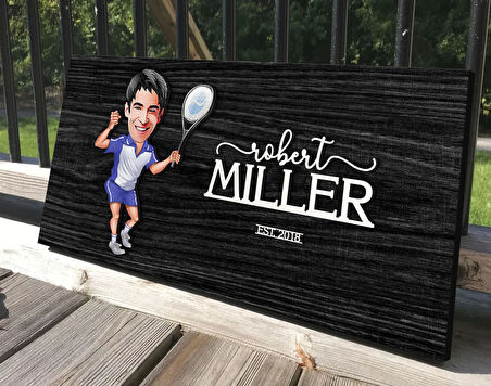 BK Gift Kişiye Özel Erkek Tenis Oyuncusu Karikatürlü Kabartma Tasarım Antik Siyah (Ebony) Ahşap Tabela-1, Dekoratif Tabela, Rustik Ev Dekorasyonu, Duvar Dekoru