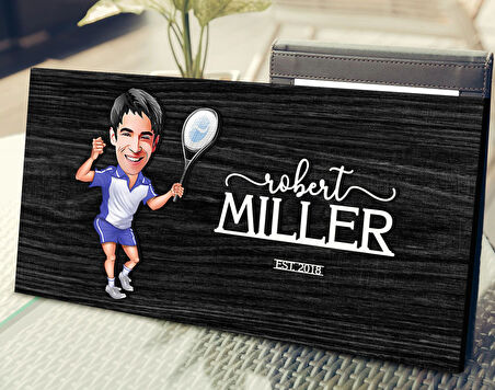 BK Gift Kişiye Özel Erkek Tenis Oyuncusu Karikatürlü Kabartma Tasarım Antik Siyah (Ebony) Ahşap Tabela-1, Dekoratif Tabela, Rustik Ev Dekorasyonu, Duvar Dekoru