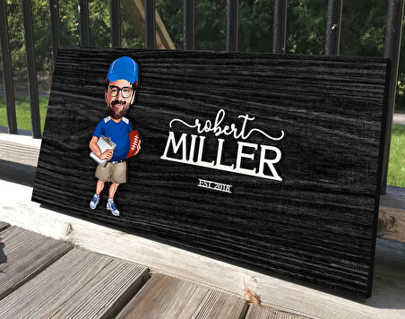 BK Gift Kişiye Özel Erkek Amerikan Futbolu Karikatürlü Antik Siyah (Ebony) Ahşap Tabela-1, Dekoratif Tabela, Rustik Ev Dekorasyonu, Duvar Dekoru