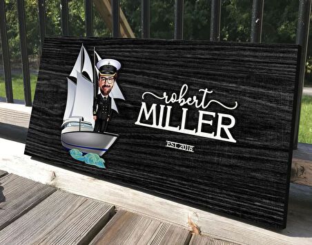 BK Gift Kişiye Özel Erkek Gemi Kaptanı Karikatürlü Antik Siyah (Ebony) Ahşap Tabela-1, Dekoratif Tabela, Rustik Ev Dekorasyonu, Duvar Dekoru