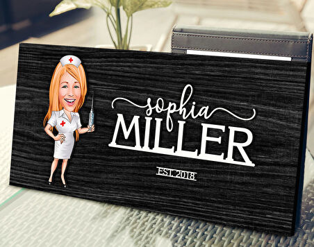 BK Gift Kişiye Özel Hemşire Karikatürlü Antik Siyah (Ebony) Ahşap Tabela-1, Dekoratif Tabela, Rustik Ev Dekorasyonu, Duvar Dekoru