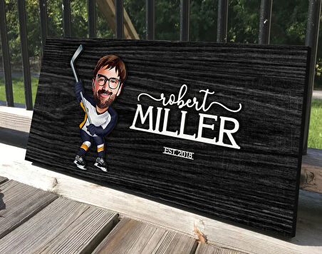 BK Gift Kişiye Özel Hokey Oyunucusu Karikatürlü Antik Siyah (Ebony) Ahşap Tabela-3, Dekoratif Tabela, Rustik Ev Dekorasyonu, Duvar Dekoru