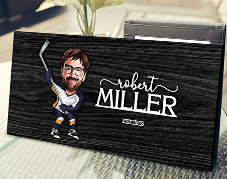 BK Gift Kişiye Özel Hokey Oyunucusu Karikatürlü Antik Siyah (Ebony) Ahşap Tabela-3, Dekoratif Tabela, Rustik Ev Dekorasyonu, Duvar Dekoru