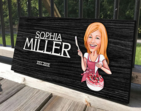 BK Gift Kişiye Özel Kadın Aşçı Karikatürlü Antik Siyah (Ebony) Ahşap Tabela-1, Dekoratif Tabela, Rustik Ev Dekorasyonu, Duvar Dekoru