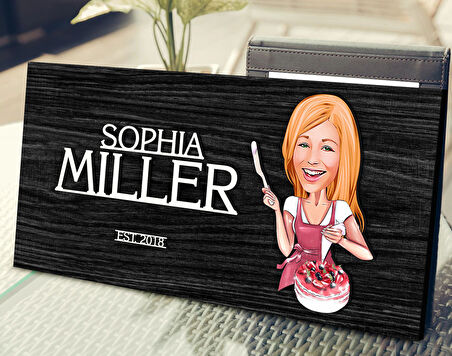 BK Gift Kişiye Özel Kadın Aşçı Karikatürlü Antik Siyah (Ebony) Ahşap Tabela-1, Dekoratif Tabela, Rustik Ev Dekorasyonu, Duvar Dekoru