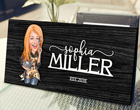 BK Gift Kişiye Özel Kadın Aşçı Karikatürlü Antik Siyah (Ebony) Ahşap Tabela-2, Dekoratif Tabela, Rustik Ev Dekorasyonu, Duvar Dekoru