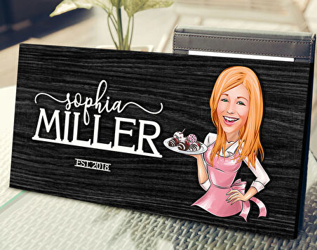 BK Gift Kişiye Özel Kadın Aşçı Karikatürlü Antik Siyah (Ebony) Ahşap Tabela-4, Dekoratif Tabela, Rustik Ev Dekorasyonu, Duvar Dekoru