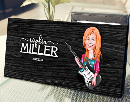 BK Gift Kişiye Özel Kadın Gitarist Karikatürlü Antik Siyah (Ebony) Ahşap Tabela-1, Dekoratif Tabela, Rustik Ev Dekorasyonu, Duvar Dekoru