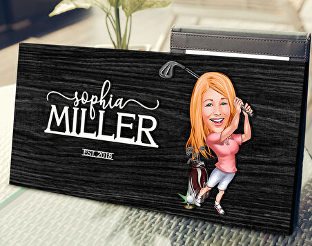 BK Gift Kişiye Özel Kadın Golfçu Karikatürlü Antik Siyah (Ebony) Ahşap Tabela-1, Dekoratif Tabela, Rustik Ev Dekorasyonu, Duvar Dekoru