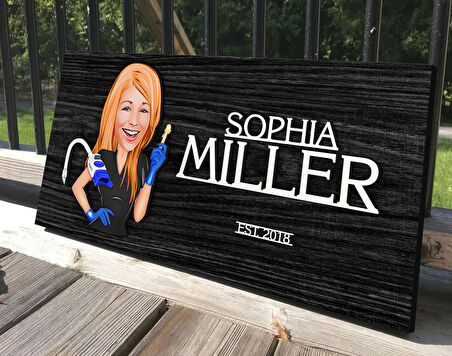 BK Gift Kişiye Özel Kadın Güzellik Uzmanı Karikatürlü Antik Siyah (Ebony) Ahşap Tabela-2, Dekoratif Tabela, Rustik Ev Dekorasyonu, Duvar Dekoru