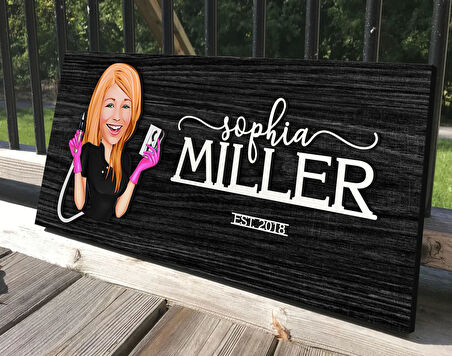 BK Gift Kişiye Özel Kadın Güzellik Uzmanı Karikatürlü Antik Siyah (Ebony) Ahşap Tabela-3, Dekoratif Tabela, Rustik Ev Dekorasyonu, Duvar Dekoru