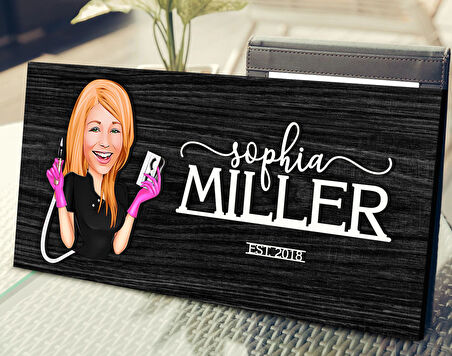 BK Gift Kişiye Özel Kadın Güzellik Uzmanı Karikatürlü Antik Siyah (Ebony) Ahşap Tabela-3, Dekoratif Tabela, Rustik Ev Dekorasyonu, Duvar Dekoru