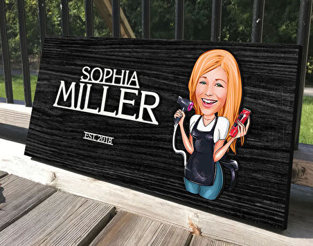 BK Gift Kişiye Özel Kadın Kuaför Karikatürlü Antik Siyah (Ebony) Ahşap Tabela-3, Dekoratif Tabela, Rustik Ev Dekorasyonu, Duvar Dekoru