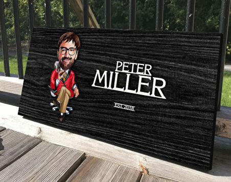 BK Gift Kişiye Özel Erkek Patron Karikatürlü Antik Siyah (Ebony) Ahşap Tabela-3, Dekoratif Tabela, Rustik Ev Dekorasyonu, Duvar Dekoru