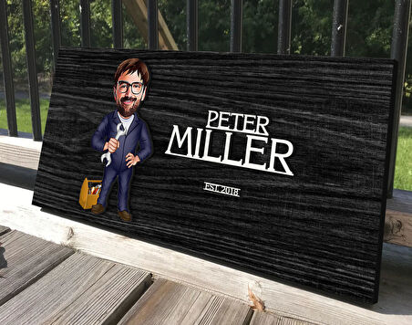 BK Gift Kişiye Özel Tamirci Karikatürlü Antik Siyah (Ebony) Ahşap Tabela-01, Dekoratif Tabela, Rustik Ev Dekorasyonu, Duvar Dekoru