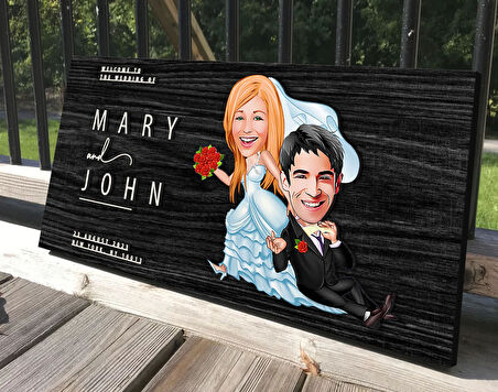 BK Gift Kişiye Özel Evleniyoruz Karikatürlü Antik Siyah (Ebony) Ahşap Tabela-2, Dekoratif Tabela, Rustik Ev Dekorasyonu, Duvar Dekoru