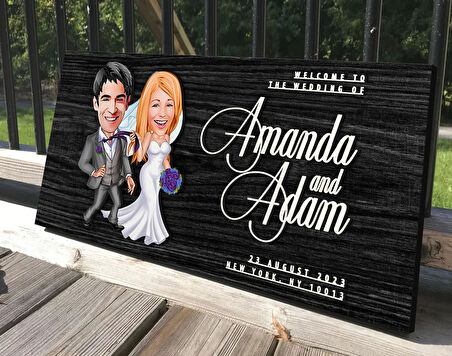 BK Gift Kişiye Özel Evleniyoruz Karikatürlü Antik Siyah (Ebony) Ahşap Tabela-5, Dekoratif Tabela, Rustik Ev Dekorasyonu, Duvar Dekoru