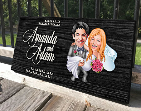 BK Gift Kişiye Özel Evleniyoruz Karikatürlü Antik Siyah (Ebony) Ahşap Tabela-7, Dekoratif Tabela, Rustik Ev Dekorasyonu, Duvar Dekoru